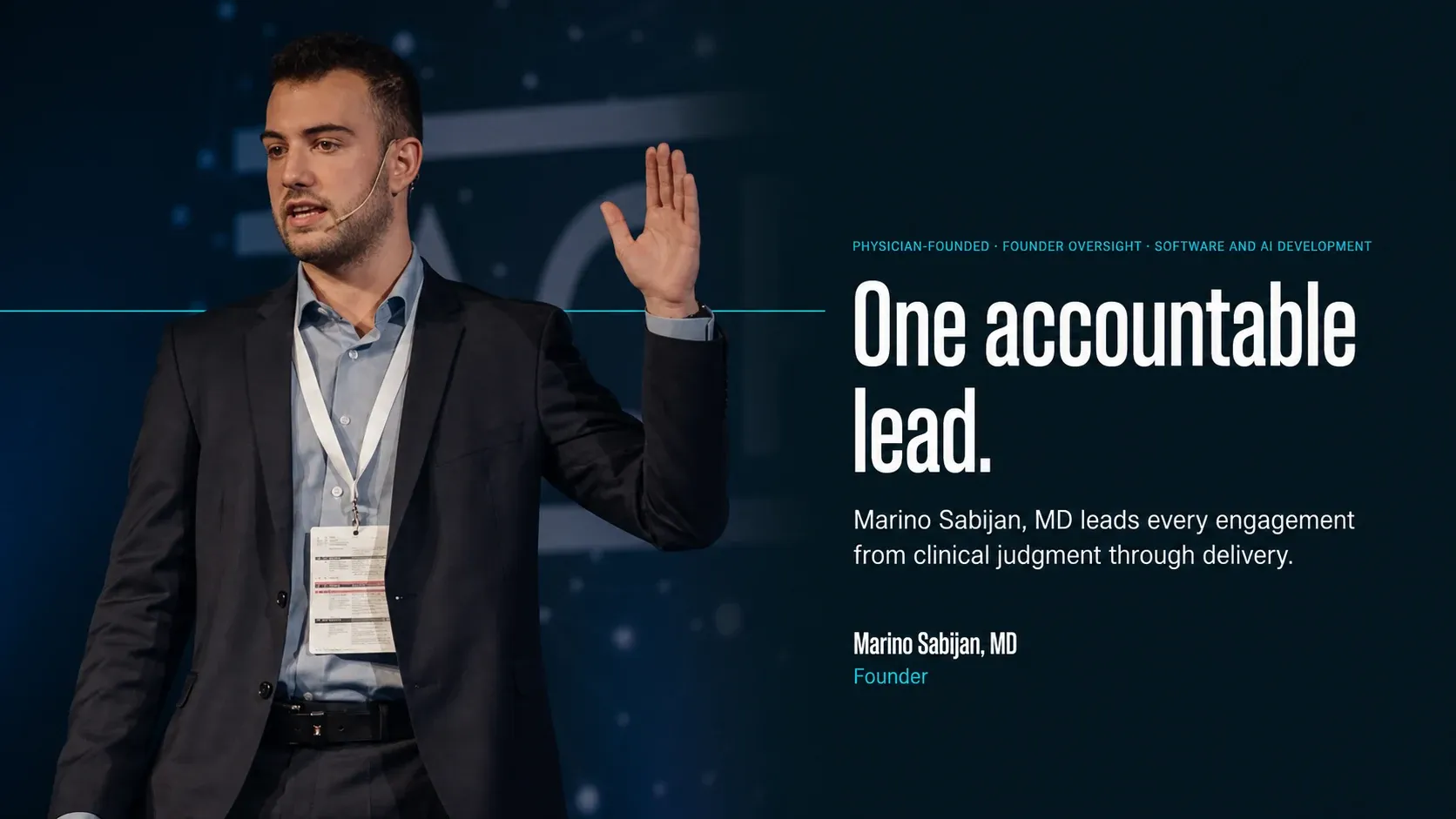 Marino Sabijan, MD, founder of OmegaX Health, speaking at a healthcare event