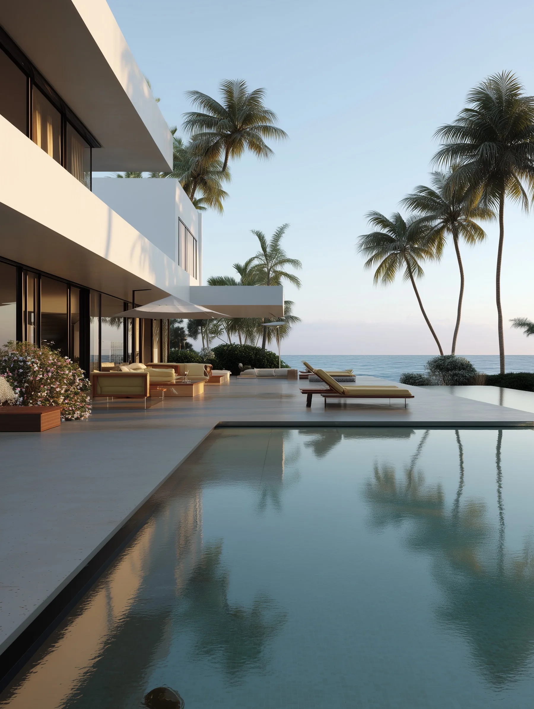 A bright residency villa with balconies, palms, and shared outdoor space for a temporary community.