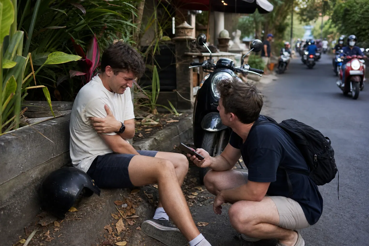Candid phone photo of a traveler sitting by a Bali roadside after a scooter fall while a friend checks on them.