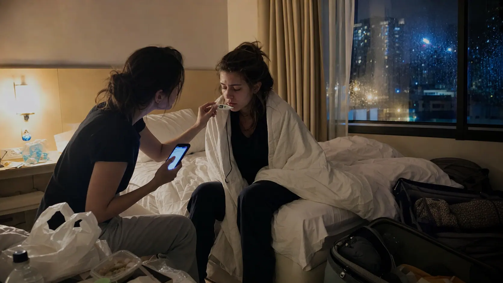 Candid phone photo of a feverish traveler sitting in a Bangkok hotel room with luggage nearby.