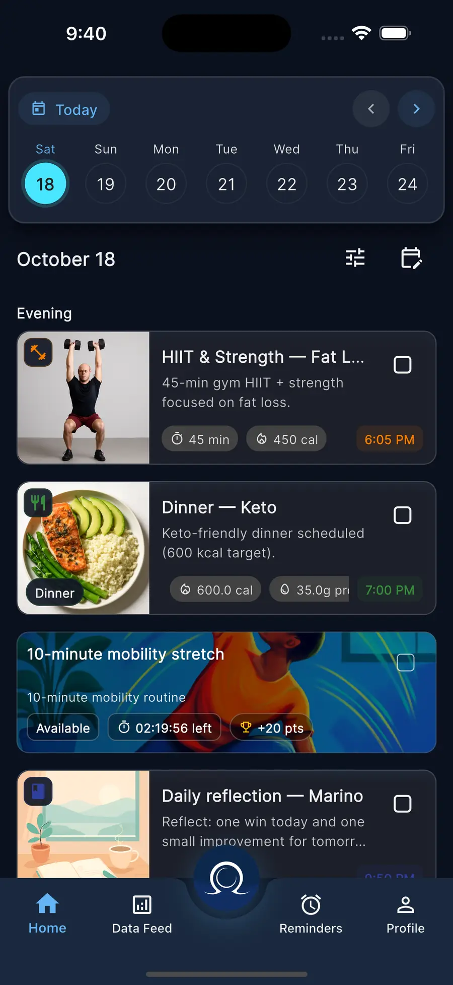 OmegaX mobile day plan showing workouts, dinner, mobility, and reflection tasks in one adaptive schedule.